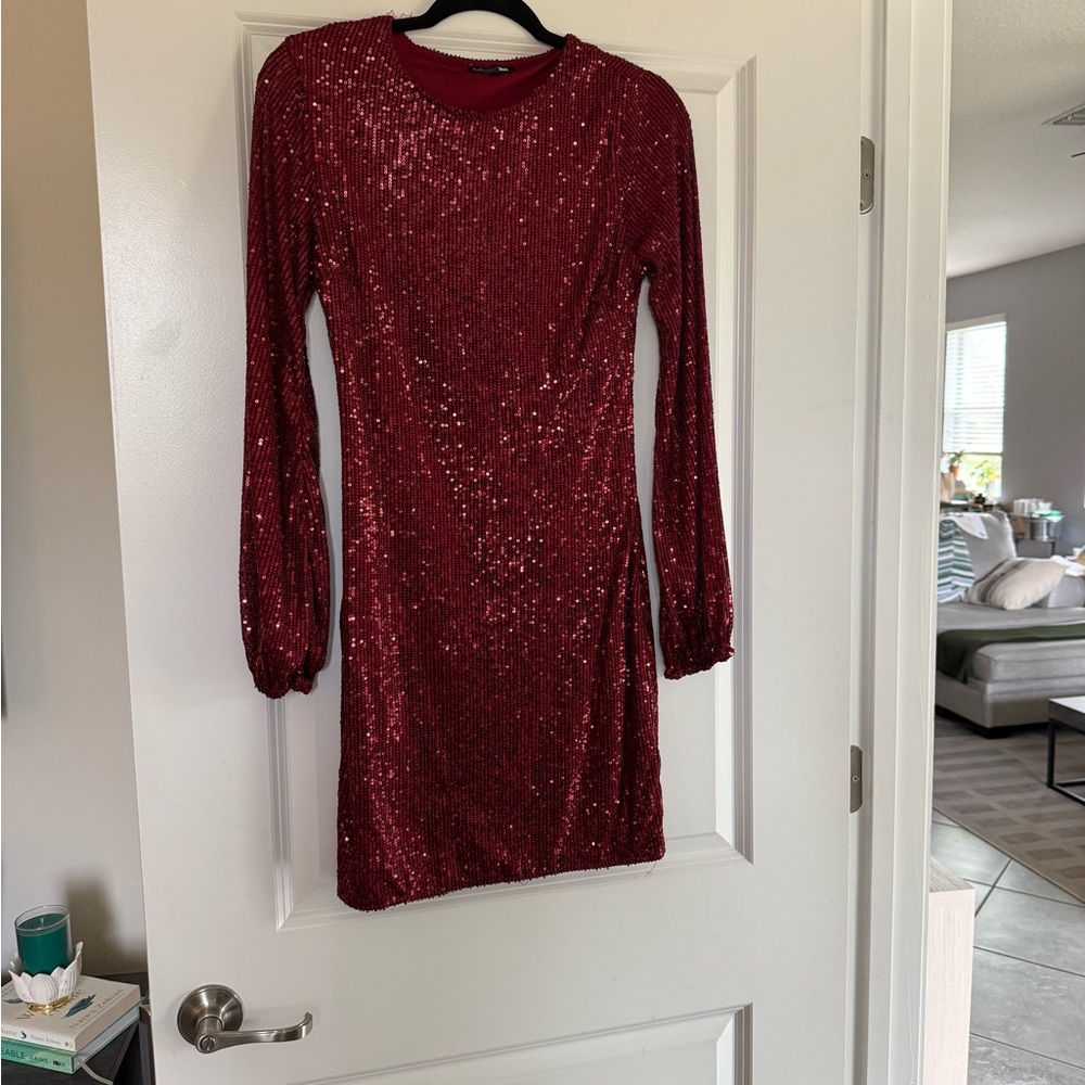 Fashion Nova Burgundy Sequin Long Sleeve Dress